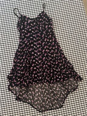 Vintage Y2K Black Pink Floral High-Low Dress Spaghetti Strap Button Front Sm